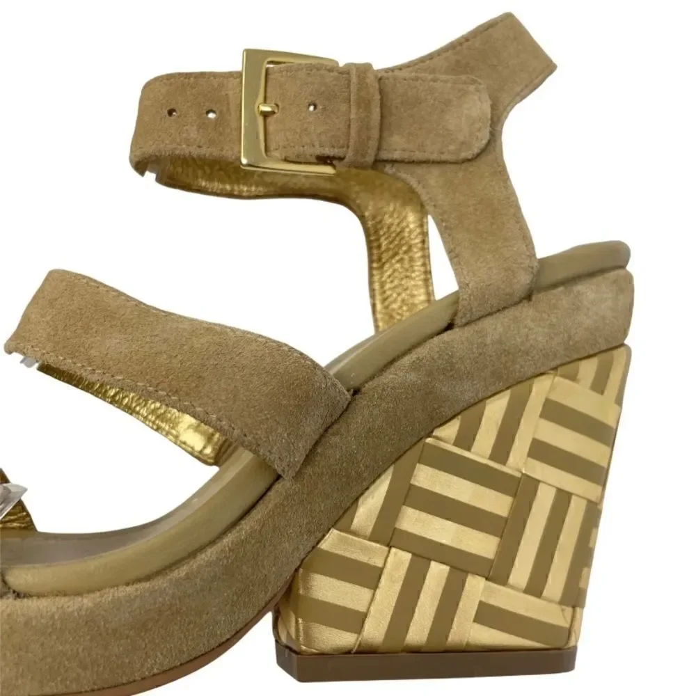 KATE SPADE New York Farryn Beige Gold Suede Geometric Wedge Espadrilles
